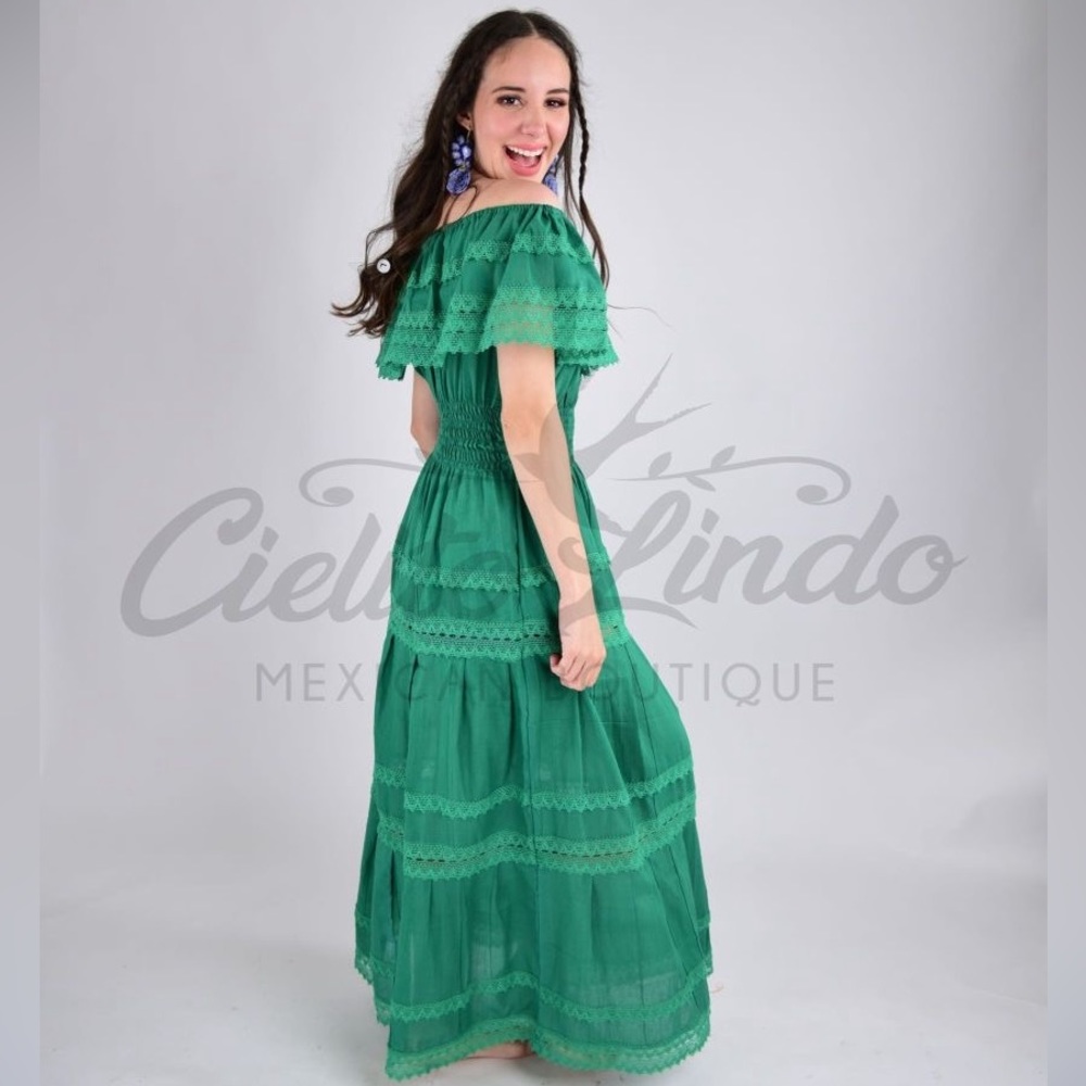 Adalia Mexican Maxi Solid Lace Green Dress - Picture 2 of 6